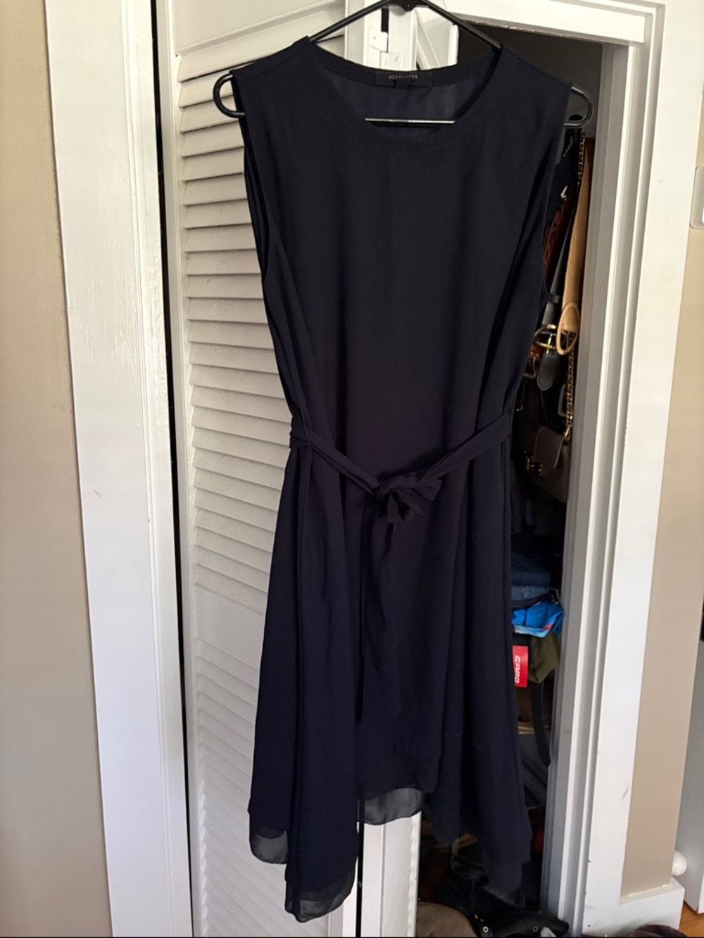 AllSaints Black Sleeveless Midi Dress with Tie Waist